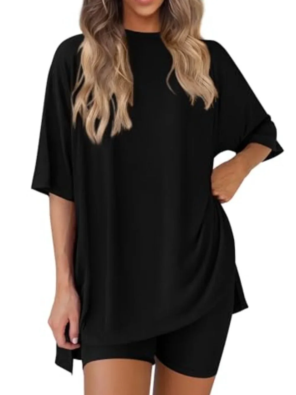 Women's Lounge Set 2 Piece High Waisted Biker Shorts Oversized Tee Travel Outfit